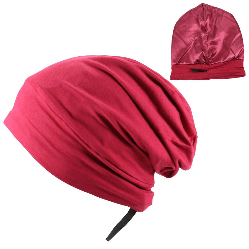 Soft Stretch Satin Bonnet Fashion Lined Sleeping Beanie Hat Bamboo Headwear Frizzy Natural Hair Nurse Cap for Women and Men - Amazhona 