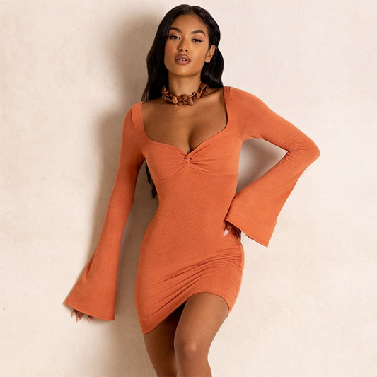 Solid Fairy Summer Dress Women Elegant Long Sleeve Mini Dresses V-Neck Sexy Slim Streetwear Women's Bodycon Party Dress Robe - Amazhona 