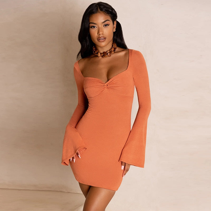 Solid Fairy Summer Dress Women Elegant Long Sleeve Mini Dresses V-Neck Sexy Slim Streetwear Women's Bodycon Party Dress Robe - Amazhona 