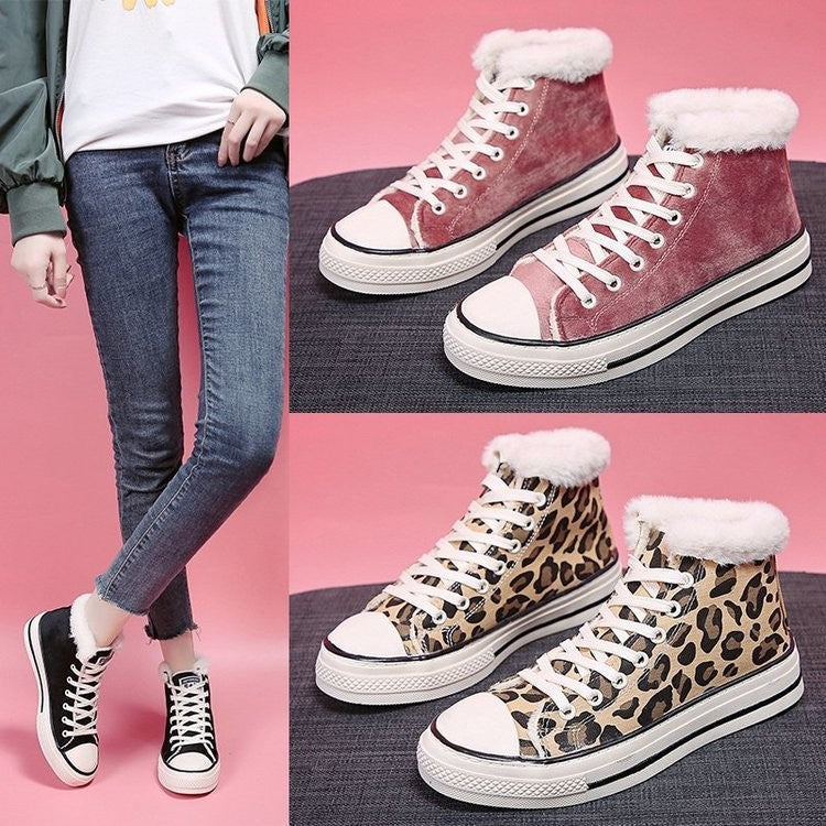 Sponge Cake Thick Bottom Korean Version Plus Velvet Thick Leopard Print Women's Sneakers - Amazhona 