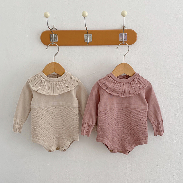 Spring And Autumn Infant And Toddler Knitted Bodysuit Lotus Collar Girl Baby Thin Woolen Long Sleeve Triangle Romper Creeper - Amazhona 