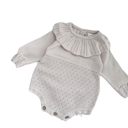 Spring And Autumn Infant And Toddler Knitted Bodysuit Lotus Collar Girl Baby Thin Woolen Long Sleeve Triangle Romper Creeper - Amazhona 