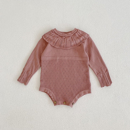 Spring And Autumn Infant And Toddler Knitted Bodysuit Lotus Collar Girl Baby Thin Woolen Long Sleeve Triangle Romper Creeper - Amazhona 