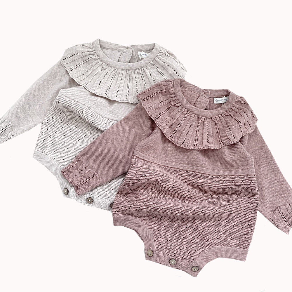 Spring And Autumn Infant And Toddler Knitted Bodysuit Lotus Collar Girl Baby Thin Woolen Long Sleeve Triangle Romper Creeper - Amazhona 