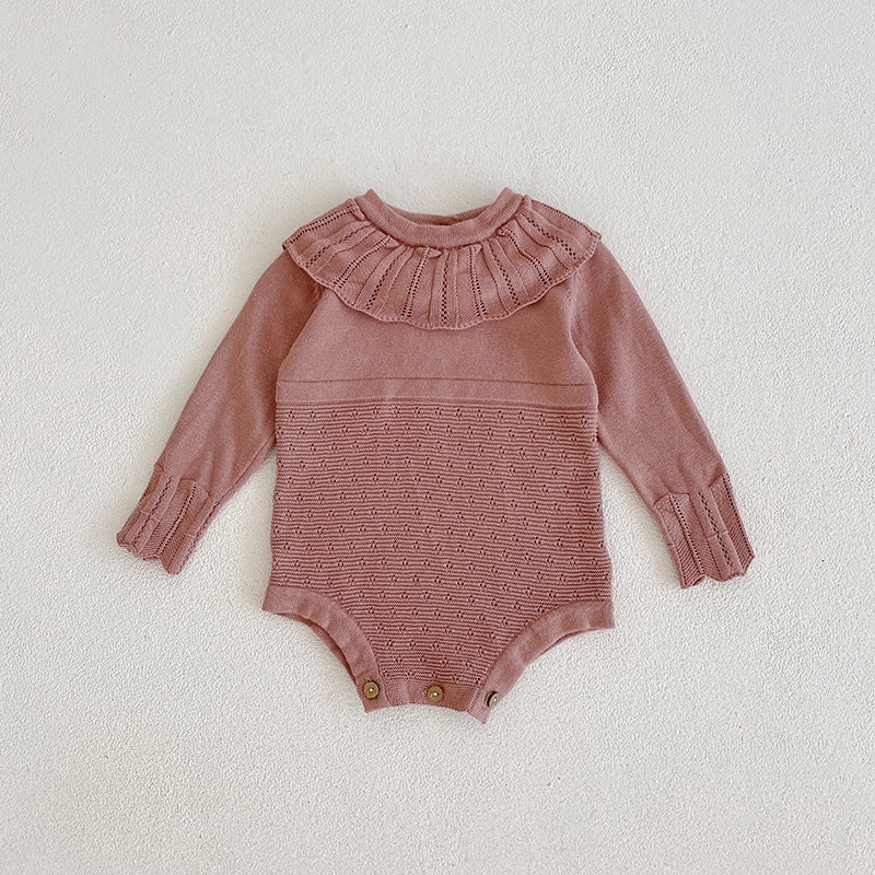 Spring And Autumn Infant And Toddler Knitted Bodysuit Lotus Collar Girl Baby Thin Woolen Long Sleeve Triangle Romper Creeper - Amazhona 