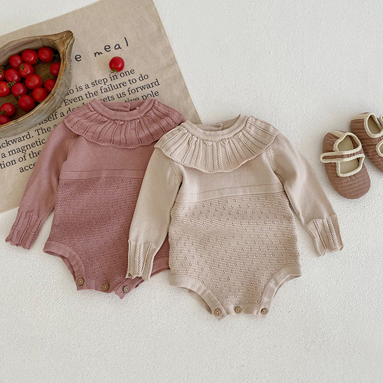 Spring And Autumn Infant And Toddler Knitted Bodysuit Lotus Collar Girl Baby Thin Woolen Long Sleeve Triangle Romper Creeper - Amazhona 