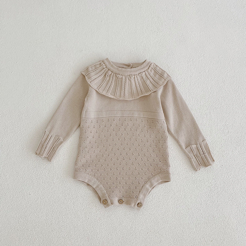 Spring And Autumn Infant And Toddler Knitted Bodysuit Lotus Collar Girl Baby Thin Woolen Long Sleeve Triangle Romper Creeper - Amazhona 