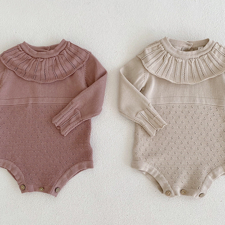 Spring And Autumn Infant And Toddler Knitted Bodysuit Lotus Collar Girl Baby Thin Woolen Long Sleeve Triangle Romper Creeper - Amazhona 