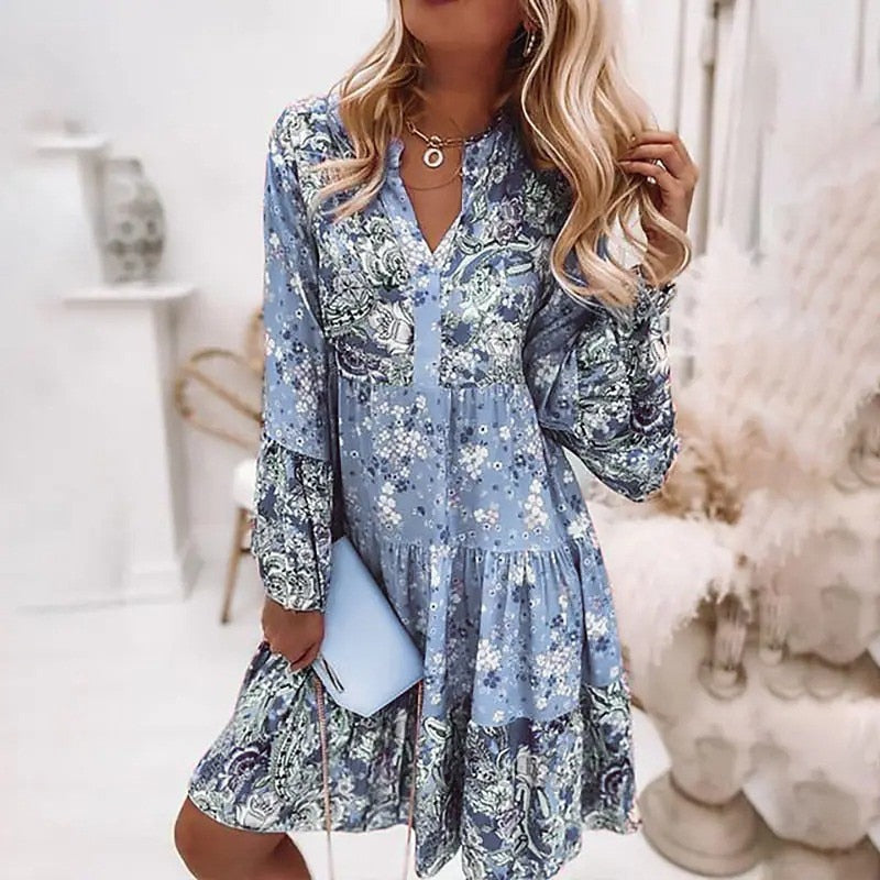 Spring Ruffle Women Party Dress Loose V Neck Beach Pullover Dress 2022 Casual Elegant Retro Floral Print Flare Sleeve Mini Dress - Amazhona 