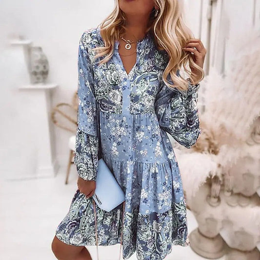 Spring Ruffle Women Party Dress Loose V Neck Beach Pullover Dress 2022 Casual Elegant Retro Floral Print Flare Sleeve Mini Dress - Amazhona 