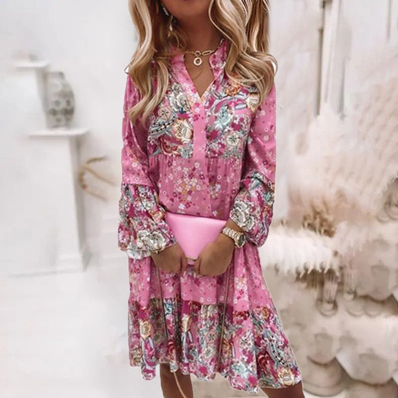 Spring Ruffle Women Party Dress Loose V Neck Beach Pullover Dress 2022 Casual Elegant Retro Floral Print Flare Sleeve Mini Dress - Amazhona 