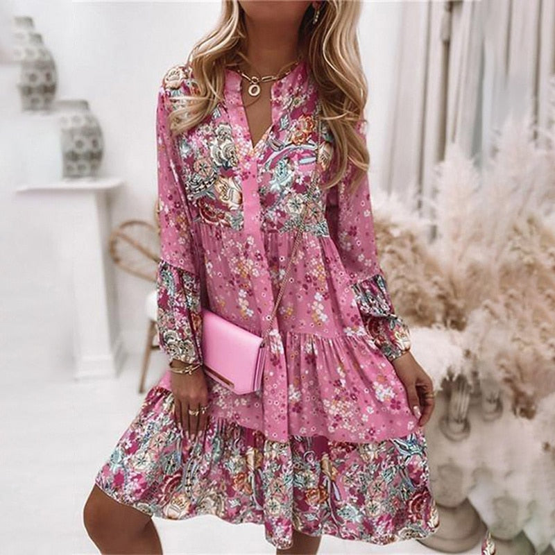 Spring Ruffle Women Party Dress Loose V Neck Beach Pullover Dress 2022 Casual Elegant Retro Floral Print Flare Sleeve Mini Dress - Amazhona 