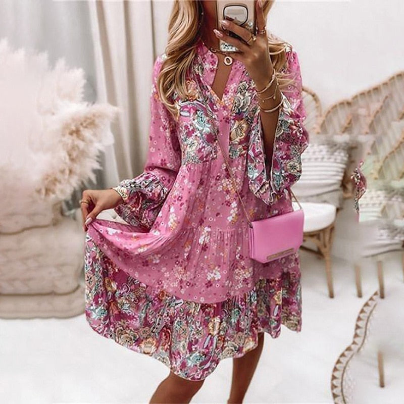 Spring Ruffle Women Party Dress Loose V Neck Beach Pullover Dress 2022 Casual Elegant Retro Floral Print Flare Sleeve Mini Dress - Amazhona 