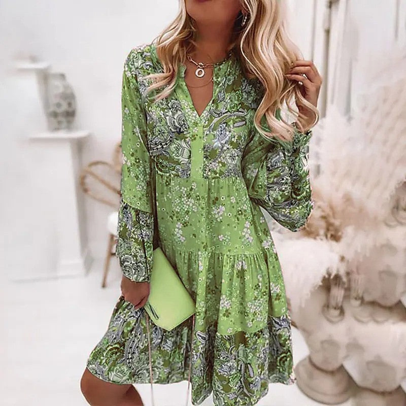 Spring Ruffle Women Party Dress Loose V Neck Beach Pullover Dress 2022 Casual Elegant Retro Floral Print Flare Sleeve Mini Dress - Amazhona 