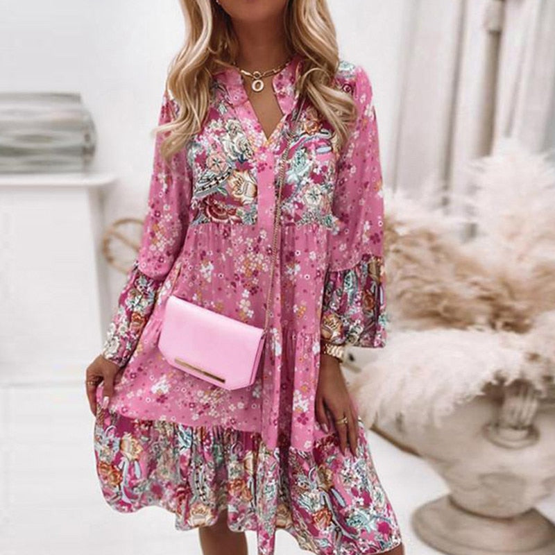 Spring Ruffle Women Party Dress Loose V Neck Beach Pullover Dress 2022 Casual Elegant Retro Floral Print Flare Sleeve Mini Dress - Amazhona 