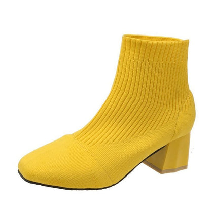 Square Toe Sleeve Boots Thick Heel Flying Knit - Amazhona 