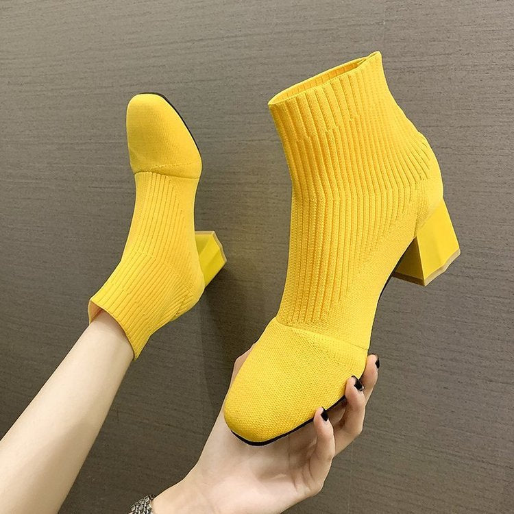 Square Toe Sleeve Boots Thick Heel Flying Knit - Amazhona 