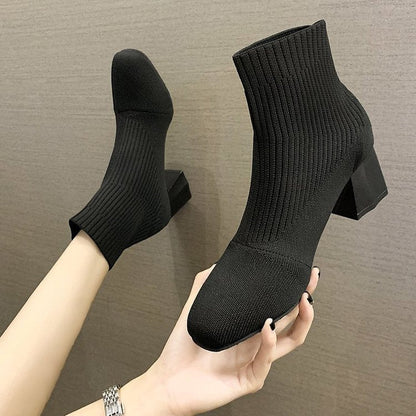 Square Toe Sleeve Boots Thick Heel Flying Knit - Amazhona 