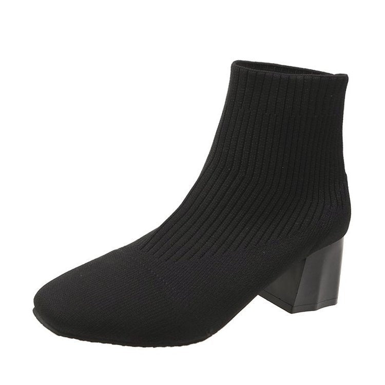 Square Toe Sleeve Boots Thick Heel Flying Knit - Amazhona 