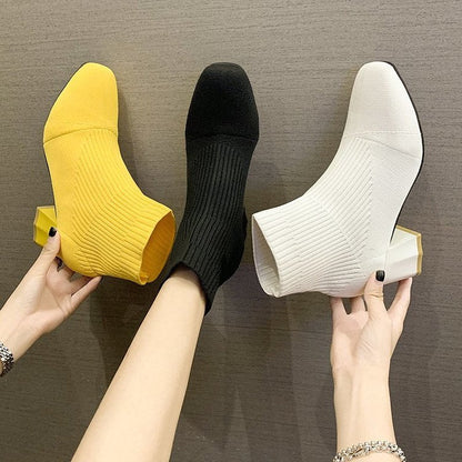 Square Toe Sleeve Boots Thick Heel Flying Knit - Amazhona 