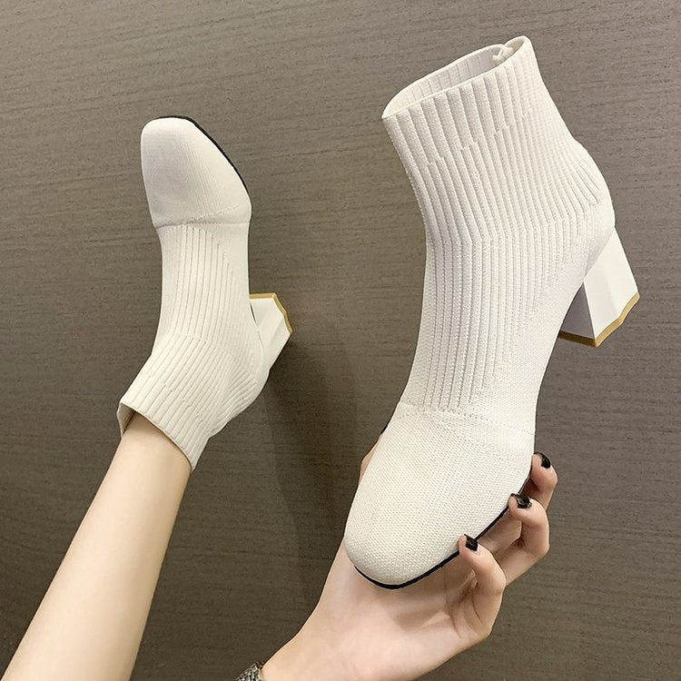 Square Toe Sleeve Boots Thick Heel Flying Knit - Amazhona 