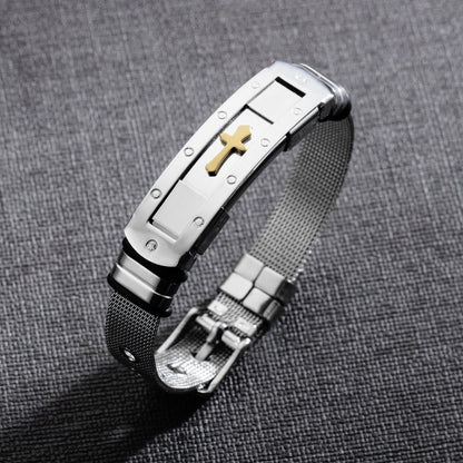 Stainless Steel Cross Bible Charm Bracelet Wristband For Men Adjustable Watch Bands Bracelet Christian Jewelry - Amazhona 