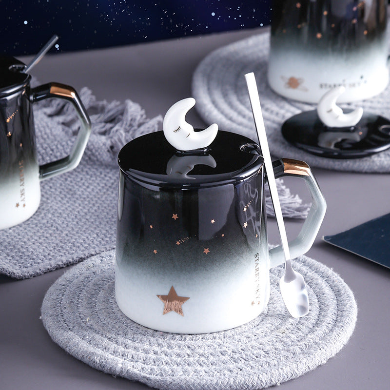 Starry Sky Mug With Lid Spoon Personality Trendy Ceramic Water Cup - Amazhona 