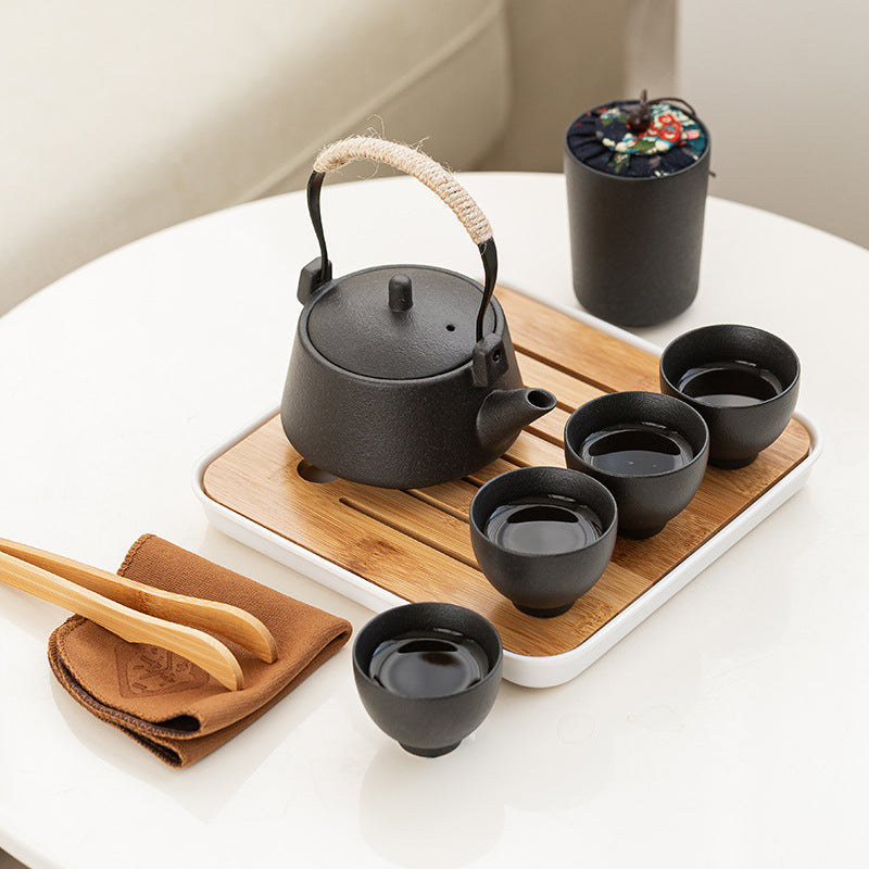 Stoneware Handle Pot With One Pot And Four Cups Outdoor Travel Tea Set - Amazhona 