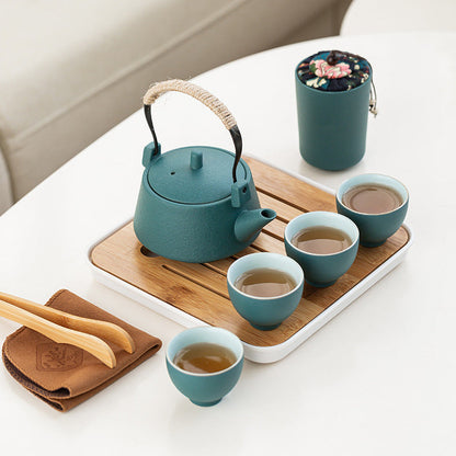 Stoneware Handle Pot With One Pot And Four Cups Outdoor Travel Tea Set - Amazhona 