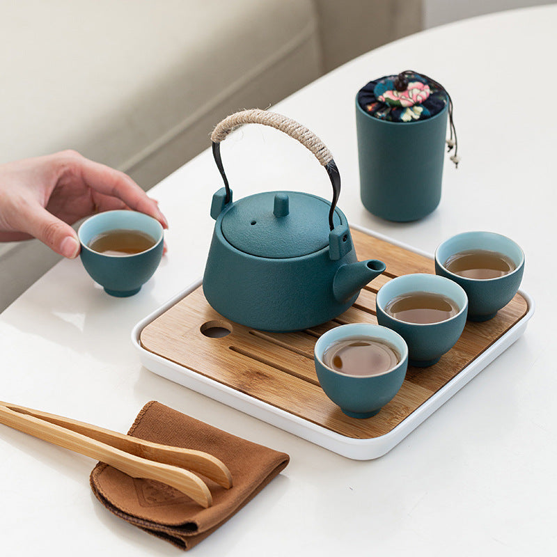 Stoneware Handle Pot With One Pot And Four Cups Outdoor Travel Tea Set - Amazhona 