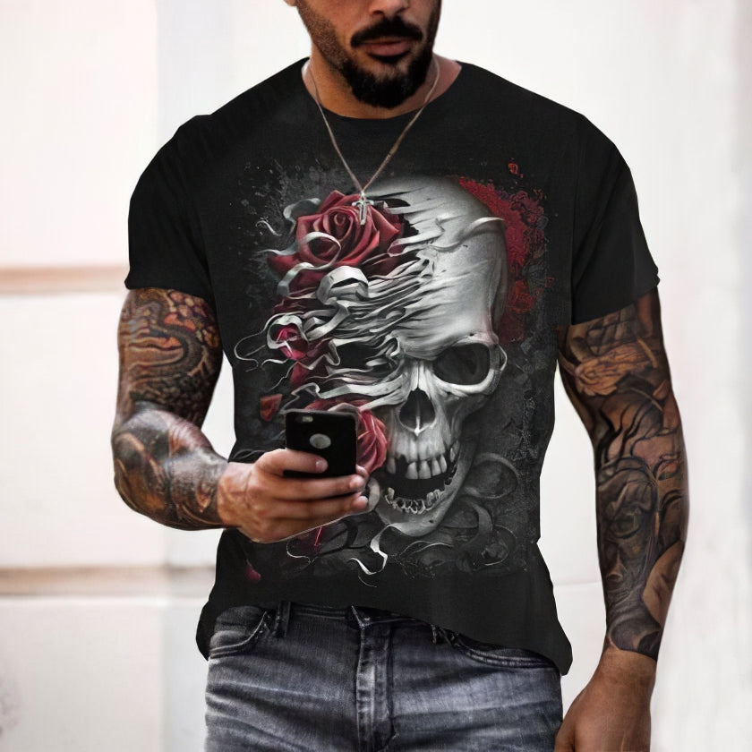 Summer 3D Personality Skull Full-body Printing T-shirt Foreign Trade Men's Trend Short-sleeved - Amazhona 