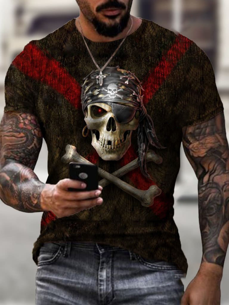 Summer 3D Personality Skull Full-body Printing T-shirt Foreign Trade Men's Trend Short-sleeved - Amazhona 