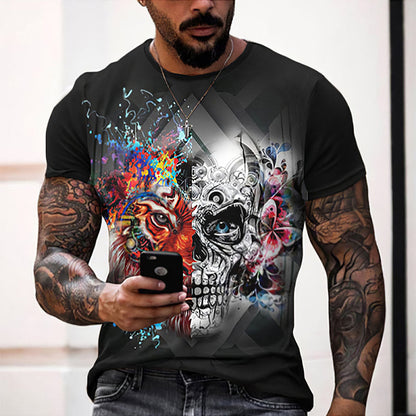 Summer 3D Personality Skull Full-body Printing T-shirt Foreign Trade Men's Trend Short-sleeved - Amazhona 