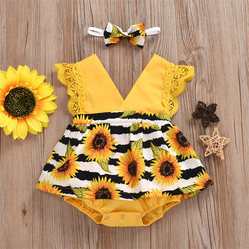 Summer Baby Girl Triangle Romper, Lace Wrapper For Newborn Baby, Sunflower Baby One-piece Romper - Amazhona 