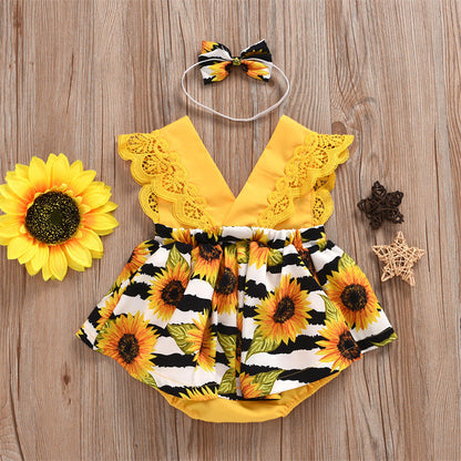 Summer Baby Girl Triangle Romper, Lace Wrapper For Newborn Baby, Sunflower Baby One-piece Romper - Amazhona 