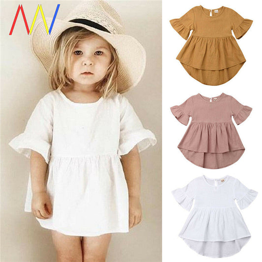 Summer Casual Toddler Baby Girls Dresses Solid Flare Short Sleeve - Amazhona 