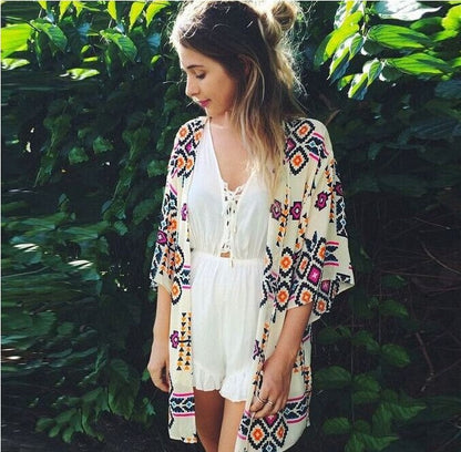 Summer Chiffon Shirt Beach Skirt Diamond Lattice Printed Sunscreen Cardigan Kimono - Amazhona 