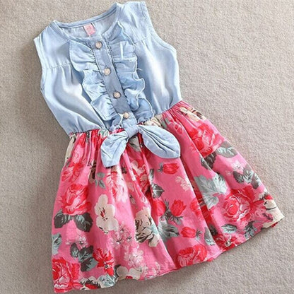 Summer Children Sleeveless Girl Denim Floral Dresses - Amazhona 