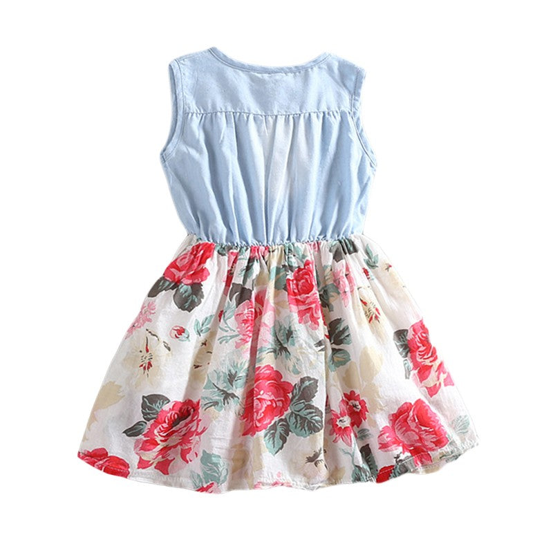 Summer Children Sleeveless Girl Denim Floral Dresses - Amazhona 