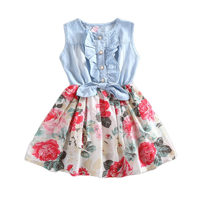 Summer Children Sleeveless Girl Denim Floral Dresses - Amazhona 