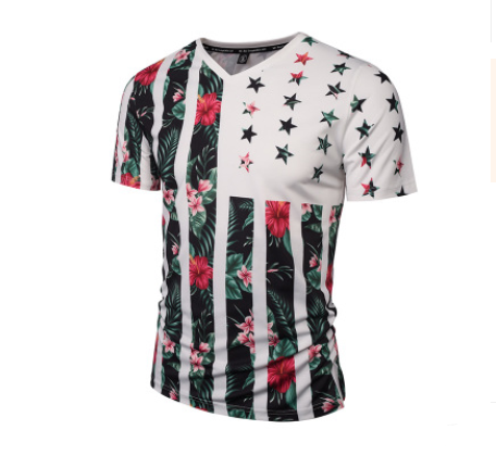 Summer Creative Plant Flowers Star Print Personality V-neck Men's Short Sleeve T-Shirt Cross-border Men's Wear - Amazhona 