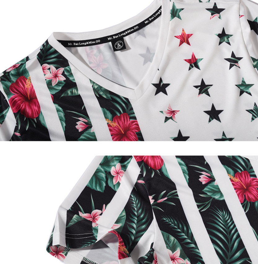 Summer Creative Plant Flowers Star Print Personality V-neck Men's Short Sleeve T-Shirt Cross-border Men's Wear - Amazhona 