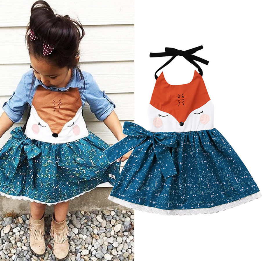 Summer Girls Cartoon Fox Dress Backless Lace Princess Dress - Amazhona 