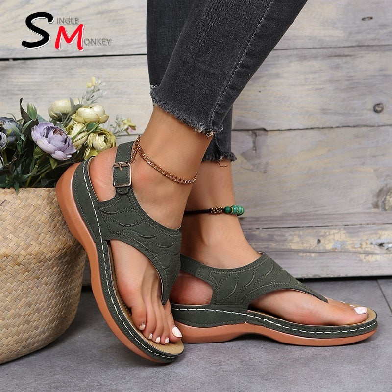 Summer Oxford Women Sandals Flats Slippers Pu Leather Flip Flops Belt Buckle Female Shoes 2022 New Rome Fashion Women Slides - Amazhona 