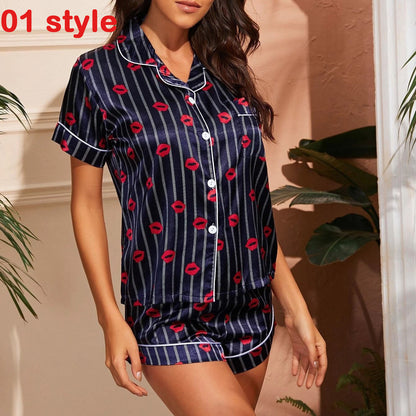 Summer Satin Women Pajams Print V-Neck Stretch Lingerie Female Sleepwear Casual Shorts Set Loungewear Women - Amazhona 