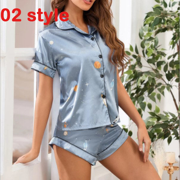 Summer Satin Women Pajams Print V-Neck Stretch Lingerie Female Sleepwear Casual Shorts Set Loungewear Women - Amazhona 