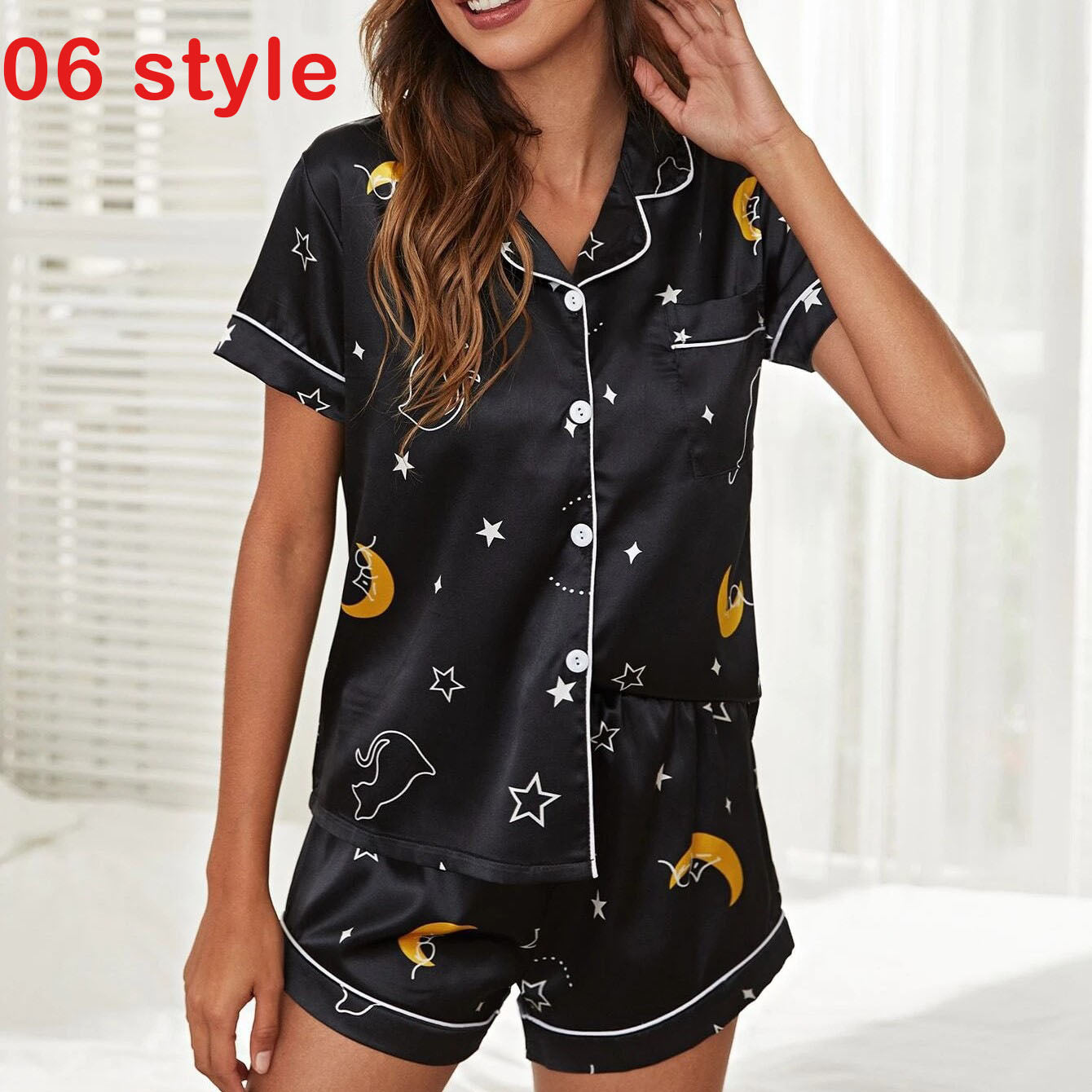 Summer Satin Women Pajams Print V-Neck Stretch Lingerie Female Sleepwear Casual Shorts Set Loungewear Women - Amazhona 