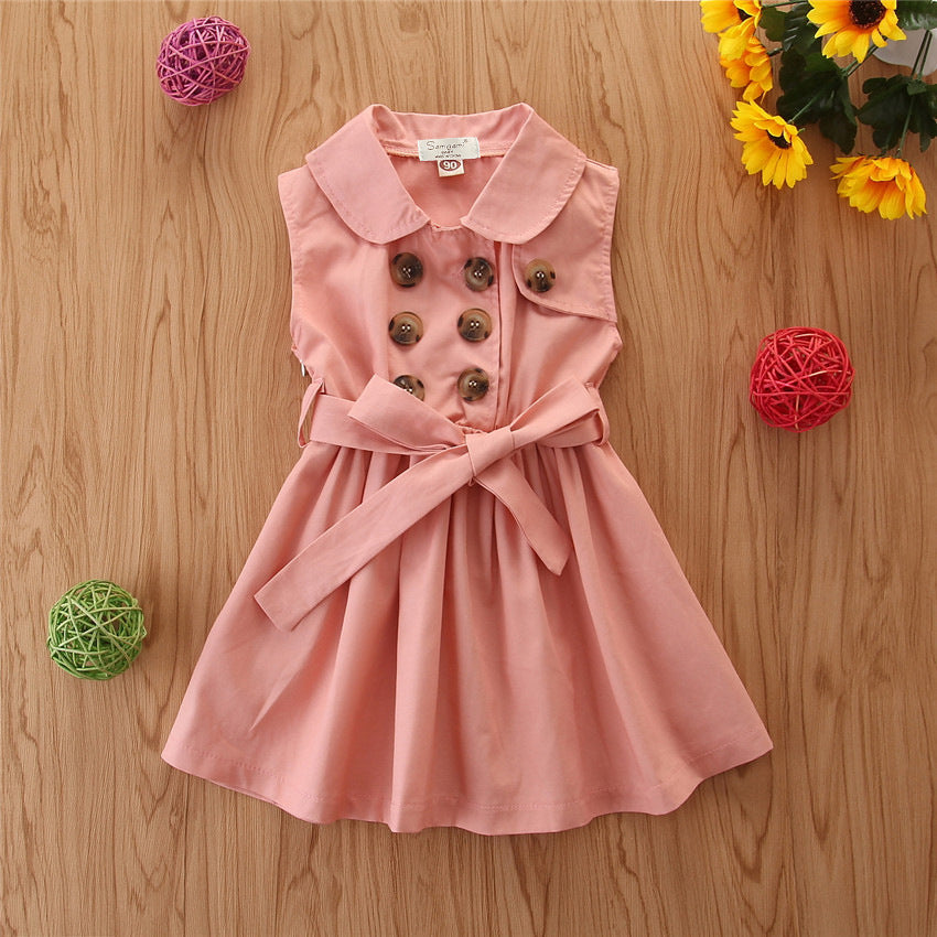 Summer Toddler Baby Girl Dress Kids Princess Casual Sleeveless Sash Button Party A-Line Dress Children Clothing 1-6Y - Amazhona 