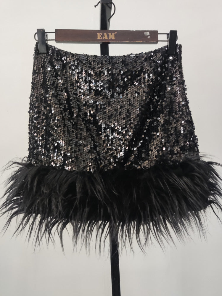 Summer Women's Fashion Sequin Feather Stitched Short Skirts - Amazhona 