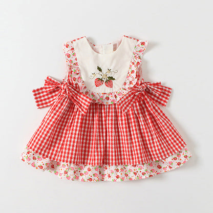 Summer new girls embroidered plaid princess dress female baby Korean skirt - Amazhona 